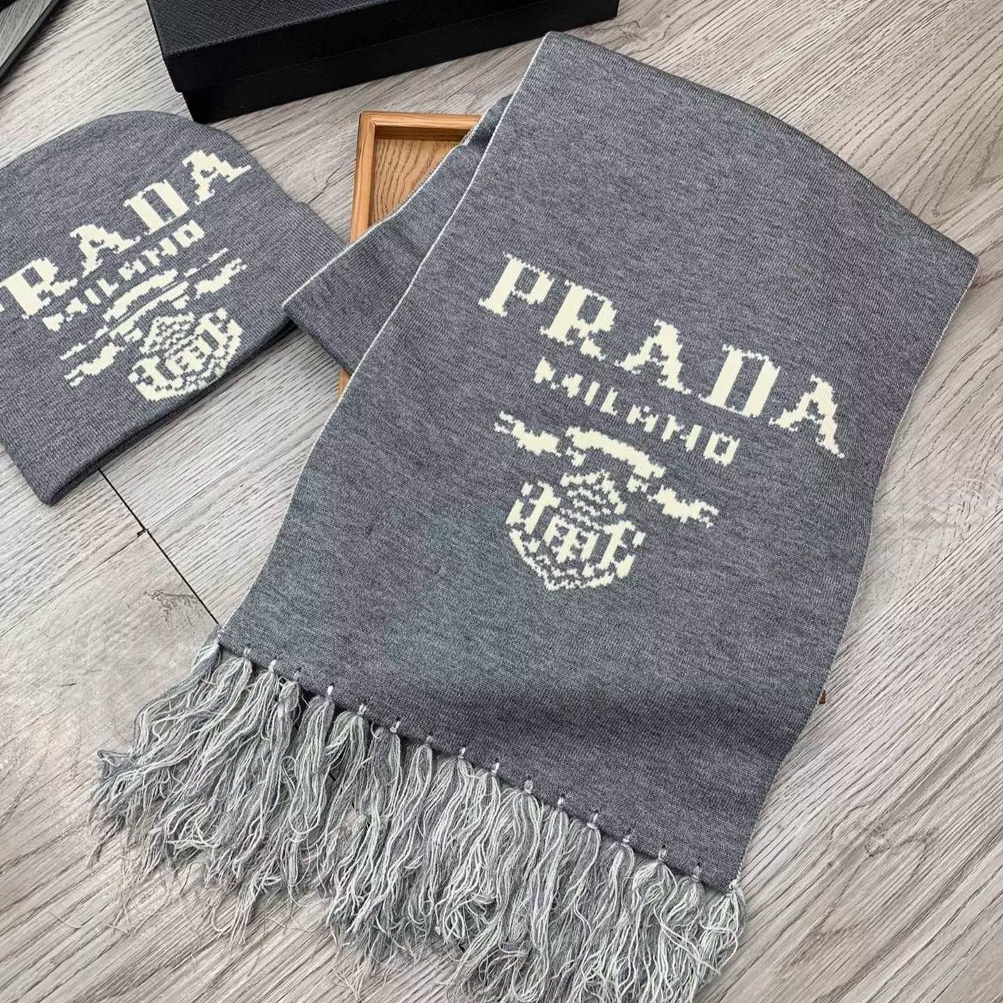 Monogram Jacquard Tassel Scarf Hat Set