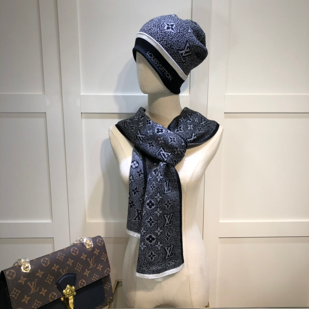 Embroidered Jacquard Monogram Scarf Hat Set