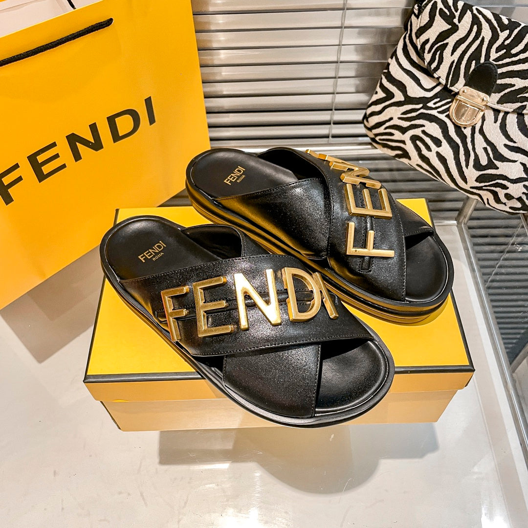 Metal Letters Leather Comfortable Slippers