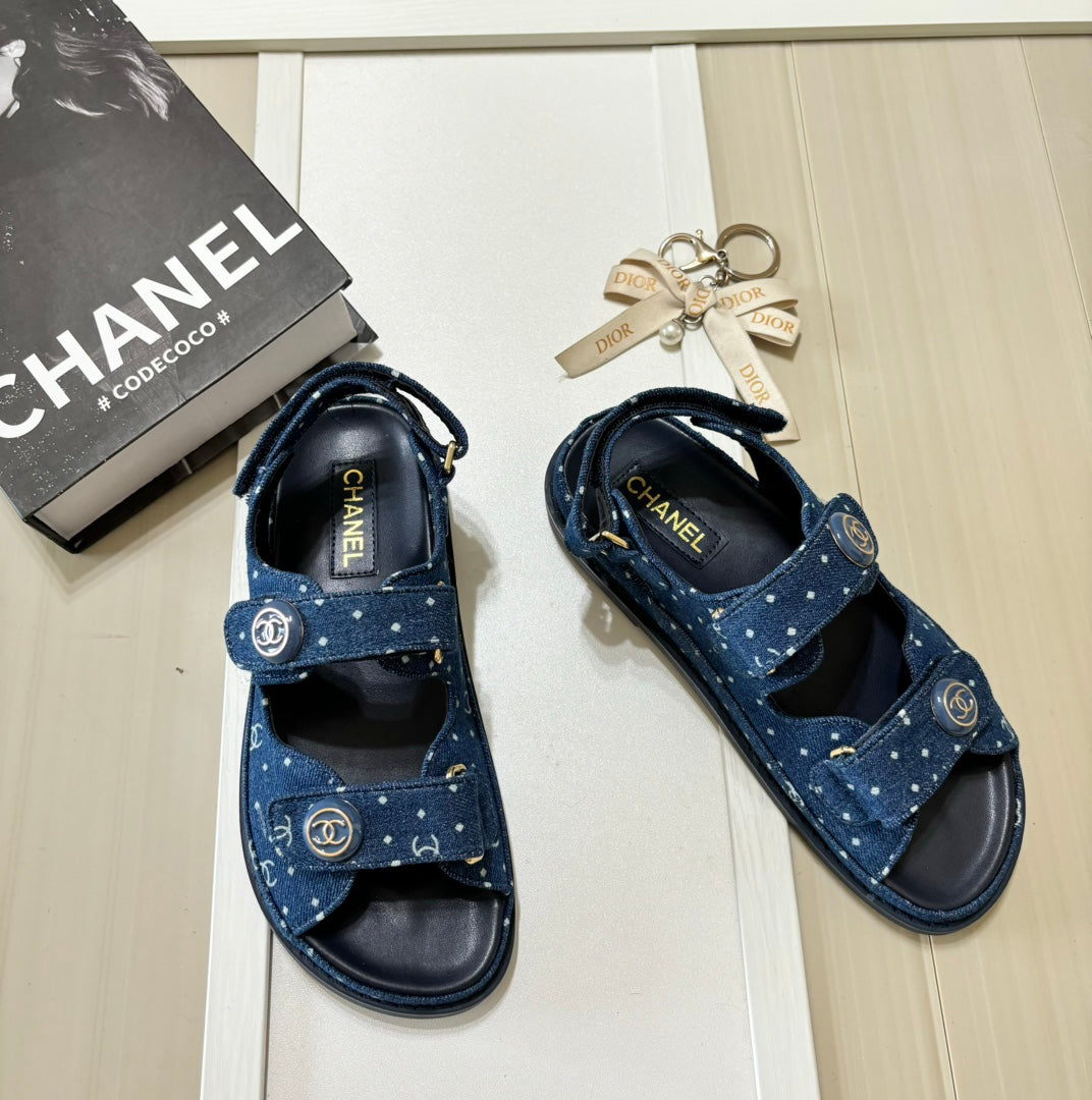 Denim Round Buckle Velcro Sandals