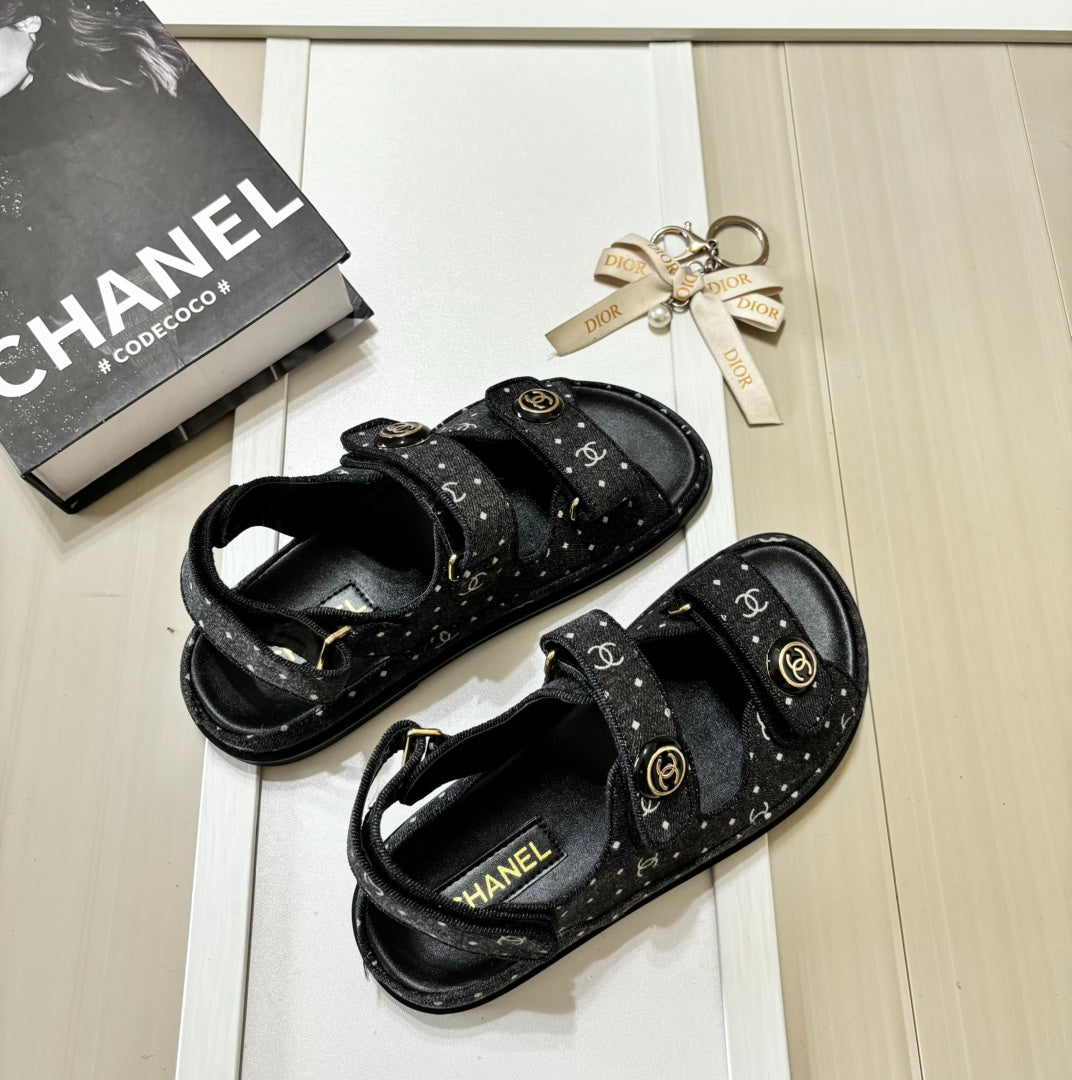 Denim Round Buckle Velcro Sandals